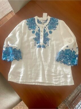 Johnny Was White Linen Tunic with Blue Floral Embroidery